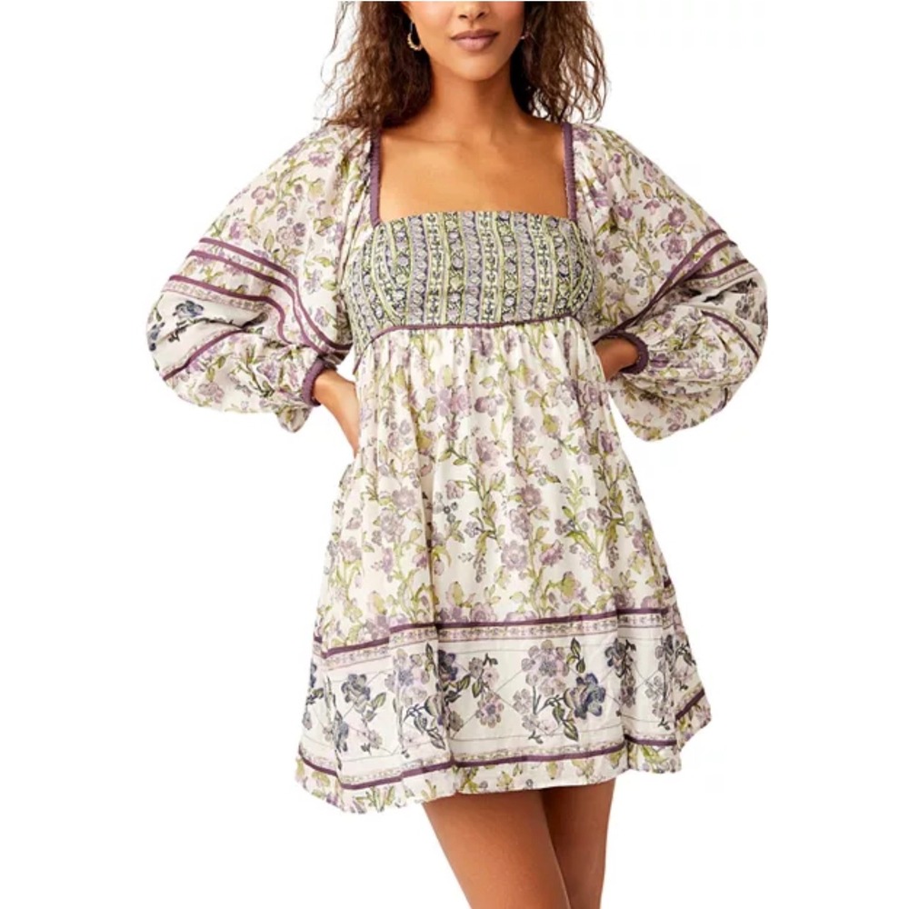 Free People Endless Afternoon Mini Dress XL Floral Boho Puff Sleeve Cottagecore